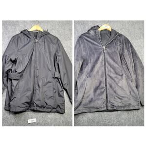Free Country Women Jacket Size Large Black Gray‎ Fleece Reversible Hooded